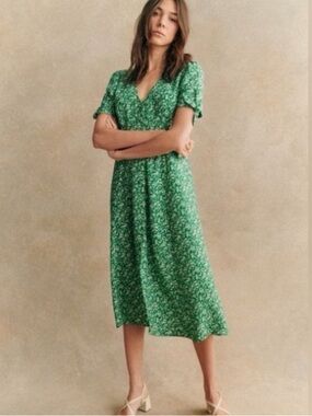 Sézane Vic Dress Garden Green Floral Midi Viscose Button Front FR 36 US 4 NWOT